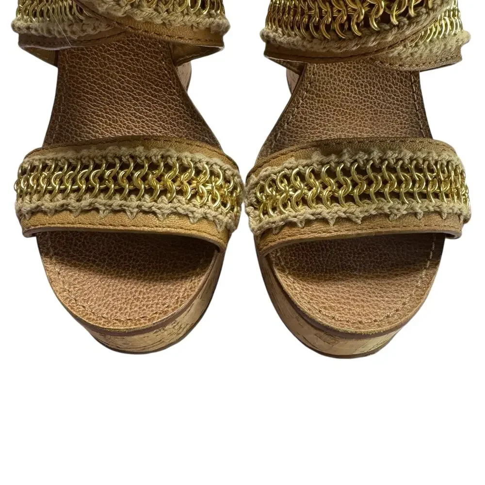 Tory Burch Lucian Tan Leather Gold Chain Strappy Wedge Sandals - Size 7 ½